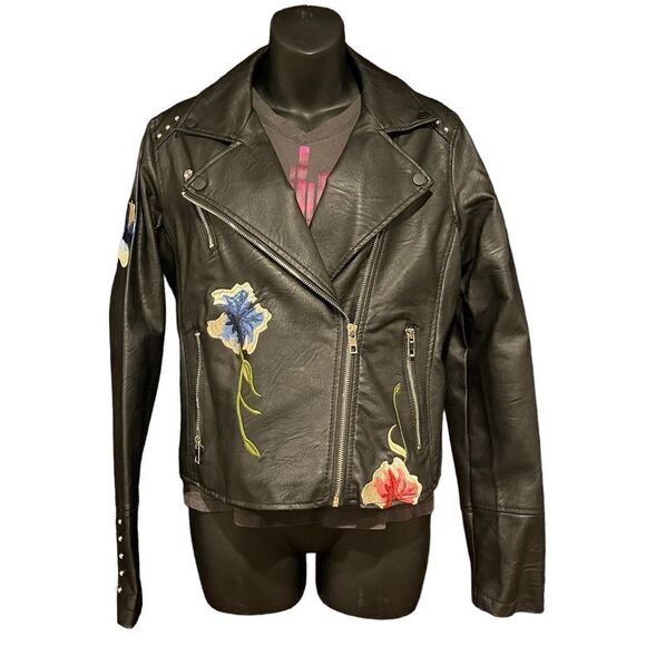 Ci Sono by Cavalini Floral Embroidered Vegan Faux Leather Jacket Women’s Medium - Picture 1 of 8